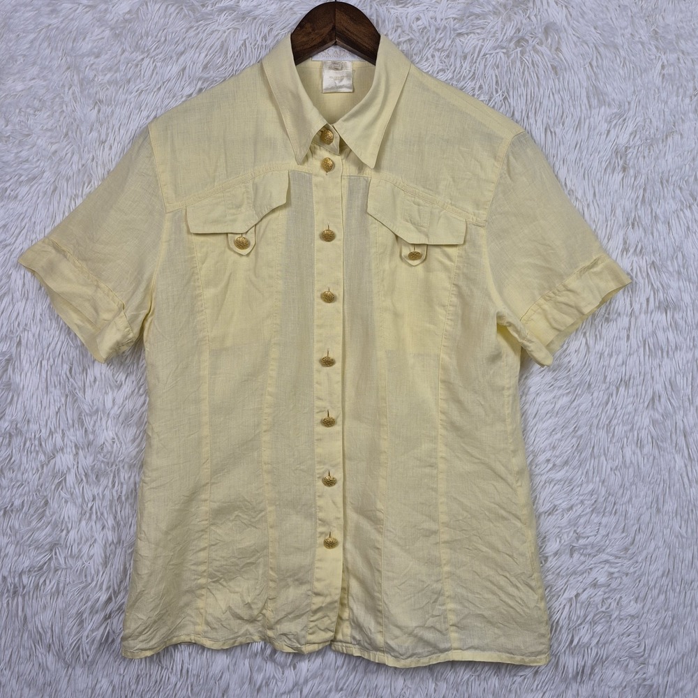 Vtg Escada Butter Yellow Linen Short Sleeve Gold Button Up Shirt Womens 42 Large